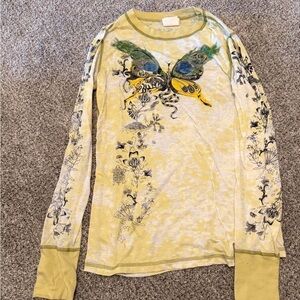 Free People Yellow Butterfly Long Sleeve Tee